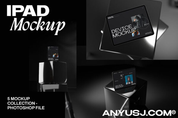5款暗黑极简iPad平板电脑UI设计APP界面展示PSD样机Ipad Mockup Device