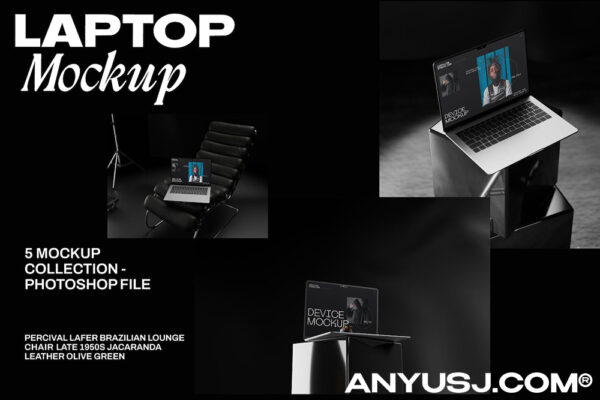 5款极简暗黑质感笔记本电脑UI界面屏幕设计展示PSD样机Laptop Mockup Device