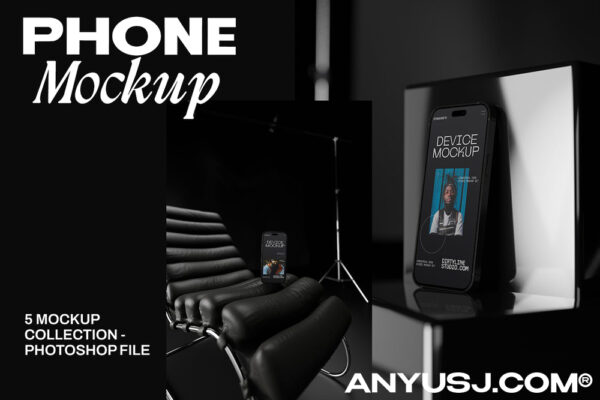 5款极简暗黑质感手机UI界面APP设计展示PSD样机Phone Mockup Device