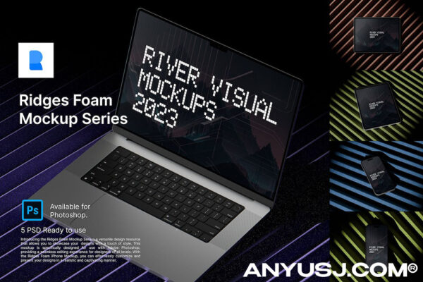 5款极简笔记本电脑手机平板UI界面APP设计展示PSD样机套装Ridges Foam Mockup Series
