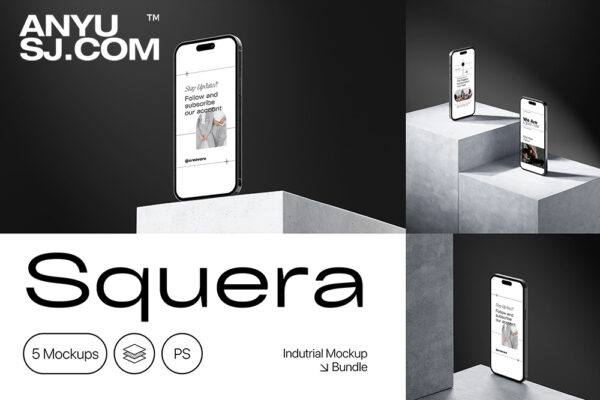 5款极简工业风iPhone 14手机UI屏幕设计展示PSD样机套装Squera – Minimal iPhone Mockup