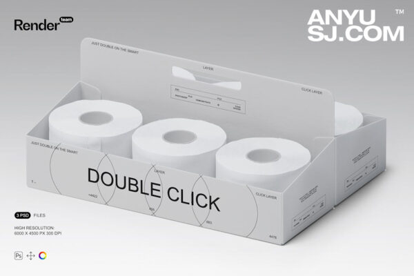 3款极简质感纸巾卷筒纸卫生纸厕纸组合产品包装纸盒手提盒设计PSD样机套装Toilet Paper Packaging Mockup