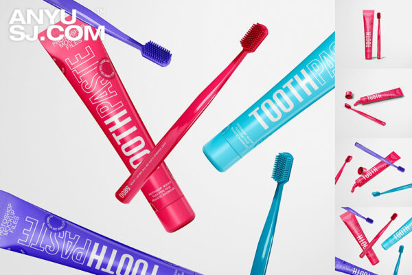 4款极简质感牙刷牙膏组合PSD样机Toothpaste Mockup Set