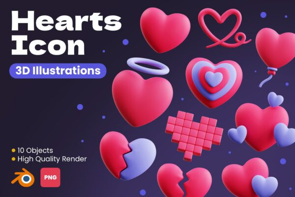 10款3D立体爱心情人节趣味卡通插画插图图标Blender模型套装Hearts 3D Icon