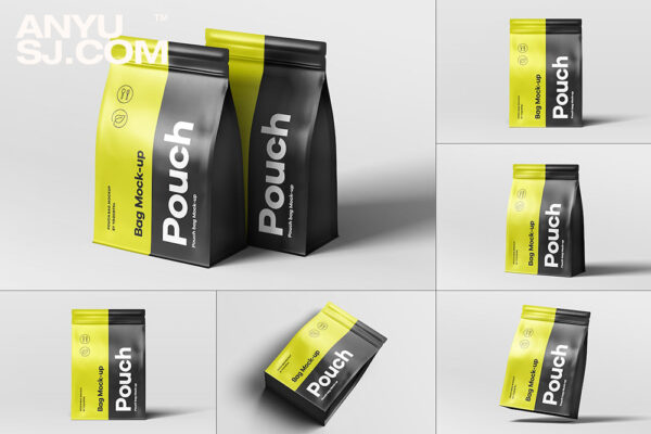 6款质感塑料袋蛋白粉食品包装袋铝箔袋自封袋PSD外观样机Protein Pouch Bag Mockup