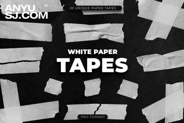 20款高清撕纸褶皱复古纸张贴纸纸胶带PNG免扣设计元素20 White Paper Tape Overlays