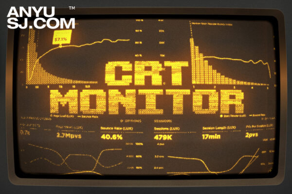 复古CRT老式琥珀黄色屏幕像素显示器文本图形图片后期特效PSD样机CRT Machine – Amber Yellow Monitor Effect-第5011期-