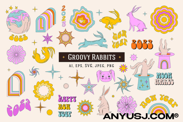30款复古趣味迷幻兔子野兔星星新年趣味卡通手绘AI矢量插画插图套装30 Groovy Rabbit Illustrations