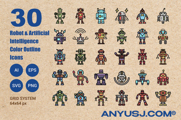 30款趣味复古机器人插画插图AI矢量Icon图标logo图形设计套装30 Robot AI Color Outline Icons