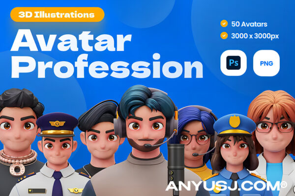 50款3D卡通趣味立体青年人物角色头像半身像职业插画插图PNG/PSD免扣设计元素3D Avatar Profession-第5024期-