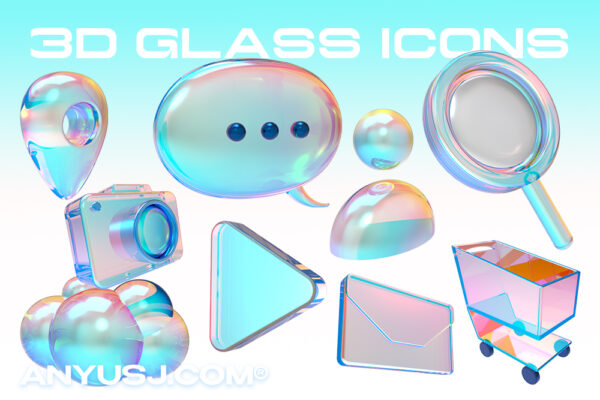 免费下载-可商用10款3D立体玻璃渐变图标icon插画插图设计PNG免扣元素套装3D Glass Icon Set