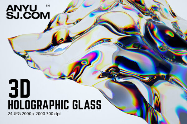 24款3D渲染高清透明液体玻璃水晶流动抽象艺术JPG背景设计套装3D Holographic Glass – Texture Pack-第5133期-
