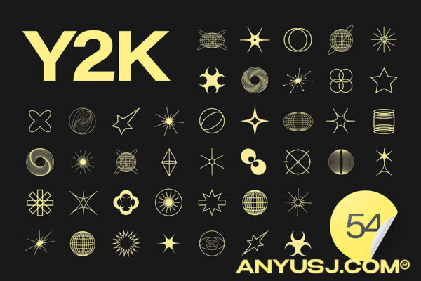 54款Y2K复古未来主义抽象几何logo徽标图形插画AI矢量设计套装Abstract Y2K Elements