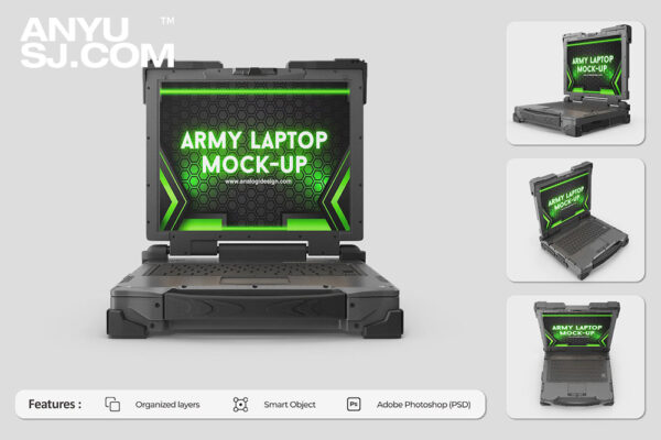 4款极简军用三防笔记本电脑工作站PSD样机Army Laptop Mockup