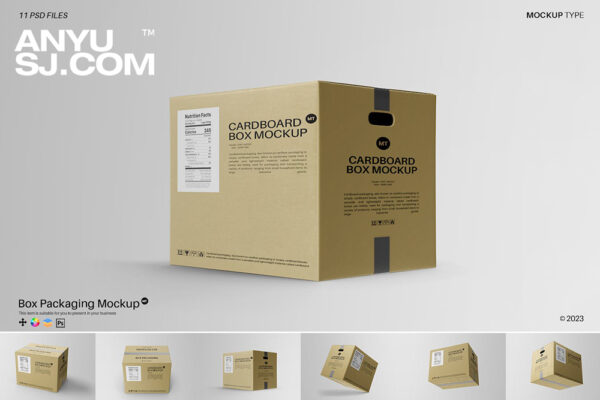 6款极简多角度打开纸箱牛皮纸箱快递箱PSD样机套装Box Packaging Mockup