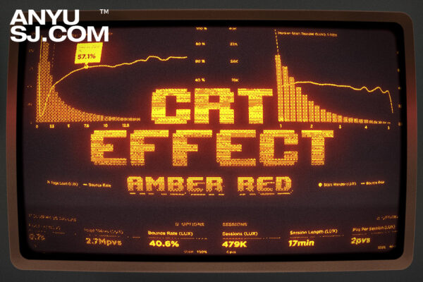 复古CRT老式琥珀红色屏幕像素显示器文本图形图片后期特效PSD样机CRT Machine – Amber Red Monitor Effect-第5011期-