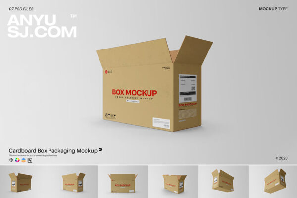 6款极简多角度打开纸箱牛皮纸箱快递箱PSD样机套装Cardboard Box Packaging Mockup