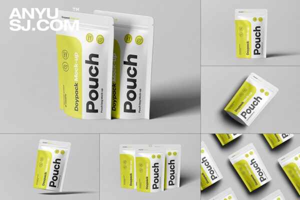 8款极简食品包装袋塑封袋自封袋PSD样机套装Doypack Pouch Mock-up