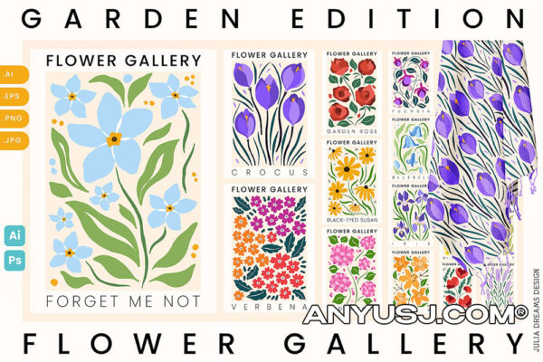 900+现代手绘花卉花朵婚礼文具贺卡插画插图无缝图案印花AI 矢量图形设计套装Flower Gallery Garden Edition Floral Illustrations