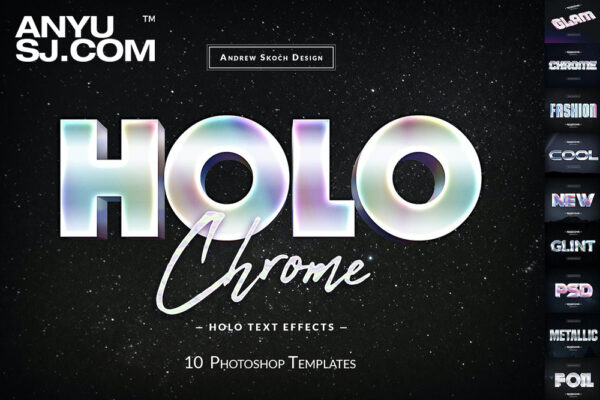 10款复古全息3D立体金属全息镀铬logo徽标标题特效字PSD样机Holochrome Text Effects