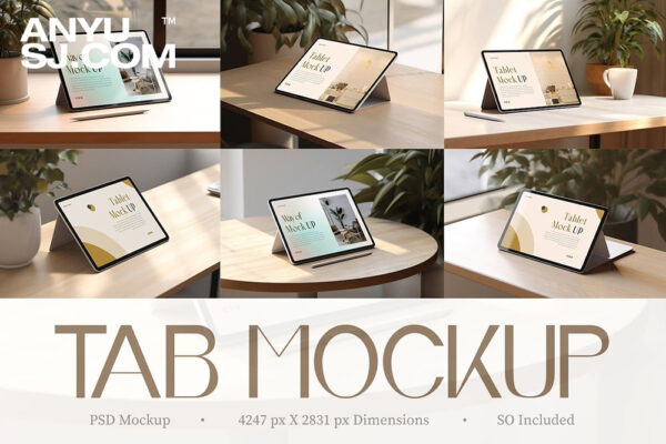6款极简IPad平板电脑多角度客厅办公真实室内场景展示PSD样机套装Ipad & Tablet Mockup