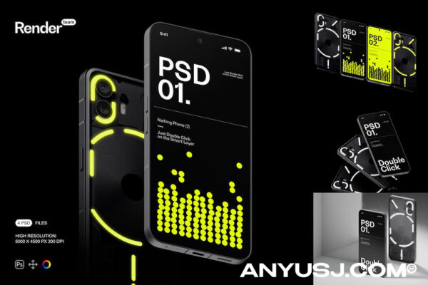4款极简工业风iPhone手机广告UI界面屏幕APP设计展示PSD样机套装Nothing Phone Mockup Set