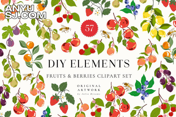 57款趣味手绘果园系列水果浆果AI矢量插画插图设计套装Orchard Collection Fruits Berries Illustrations