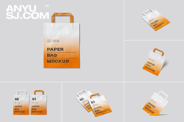 6款极简纸袋购物袋手提袋礼品袋包装袋平铺设计展示PSD样机Paper Bag Mockup