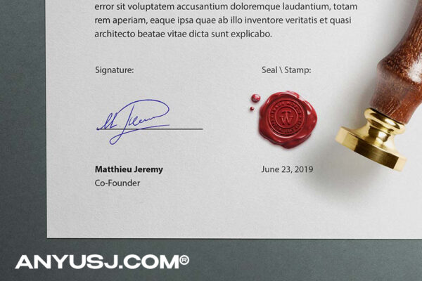 极简质感真实文件签署邮戳印章logo图章签名PSD样机Stamp & Wax Seal Logo Mockup