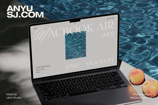 质感夏日游泳池水池MacBook Air M2苹果笔记本电脑UI设计展示PSD样机Swimming Pool | Macbook Air M2