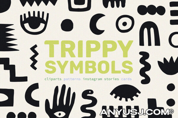 100+迷幻抽象手绘涂鸦埃及标记符号剪贴画拼贴无缝图案PNG免扣设计套装TRIPPY SYMBOLS-第5167期-