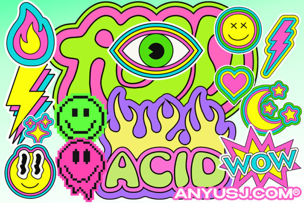 40款趣味卡通Y2K笑脸表情包酸性艺术火焰爱心标语AI矢量logo徽标图标图形设计套装acid love