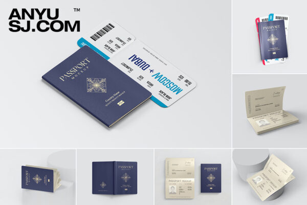 7款软皮质感打开护照封面内页机票设计展示PSD样机Open Passport and Cover Realistic Psd Mockups Set