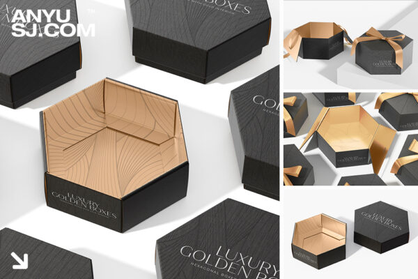 12款质感极简豪华高档六边形天地盒礼品盒纸盒包装盒PSD样机套装luxury hexagon gift boxes-mockup