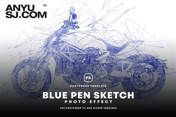 复古铅笔素描蓝图涂鸦艺术文本图片照片转手绘后期处理PSD特效样机Blue Pen Sketch Effect.zip-第5330期-