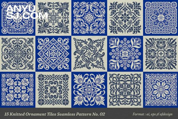 15款复古传统针织像素瓷砖无缝图案AI矢量插画设计15 Knitted Ornament Tiles Seamless Pattern No. 02