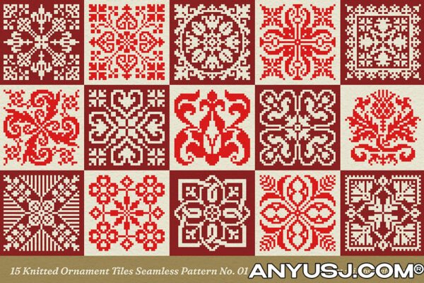 15款复古像素针织圣诞无缝瓷砖图案背景AI矢量插画图形设计15 Knitted Ornament Tiles Seamless Pattern No. 01