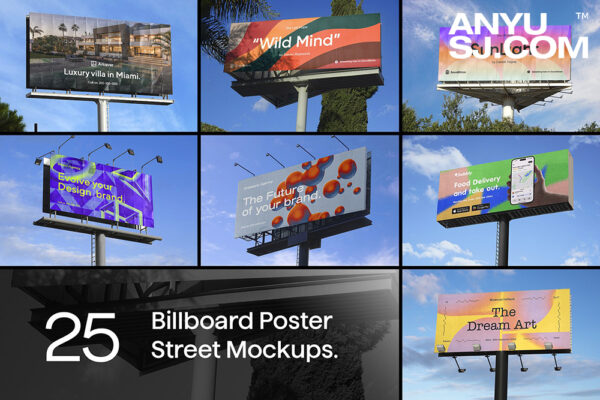 25款质感城市街道街头蓝天巨型横幅广告牌海报宣传设计展示PSD样机套装25 Billboard Poster Street Mockups-第5237期-