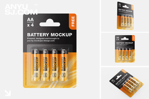3款可商用极简AA电池塑料包装袋设计展示样机AA batter pack mockup