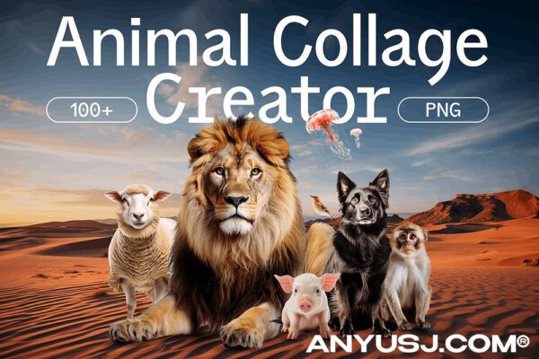 100+动物照片免扣PNG剪贴画拼贴艺术设计套装Animal Collage Creator