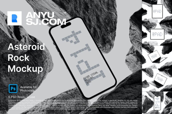 6款创意艺术小行星岩石平板手机笔记本电脑UI设计APP界面展示PSD样机套装Asteroid Rock Mockup