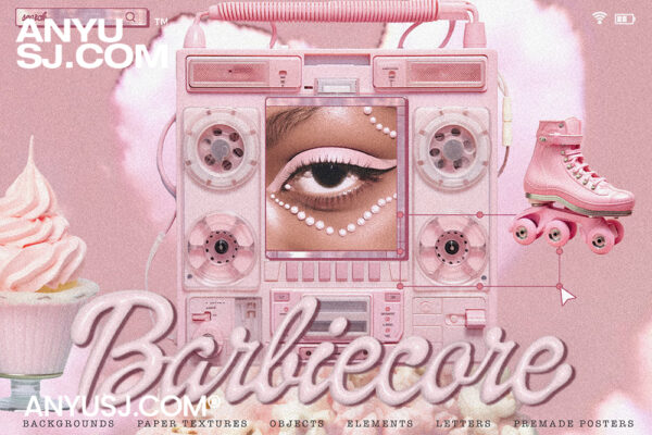 190+粉色梦幻芭比少女风Y2K复古艺术PNG拼贴剪贴画背景图形艺术设计套装Barbiecore Graphic Pack-第5332期-
