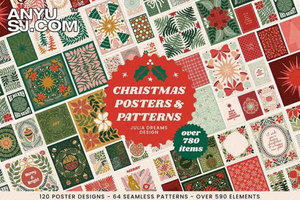 780+圣诞节复古70年代灵感自然图形花卉海报无缝图案插画插图请柬贺卡AI矢量设计套装Christmas Posters Patterns Bundle-第5335期-