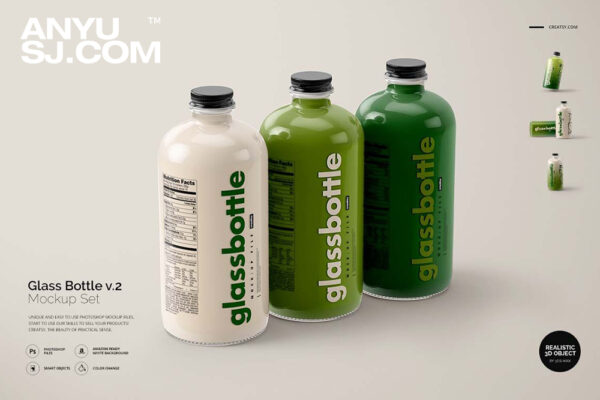4款极简质感透明玻璃瓶牛奶饮料瓶包装设计展示PSD样机套装Glass Bottle Mockup Set v.2-第5305期-
