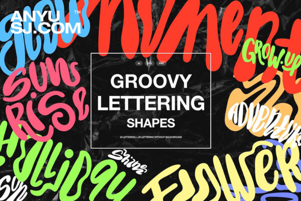 40款复古Y2K趣味字母图形标题文字AI矢量形状PNG设计套装Groovy Lettering Shapes