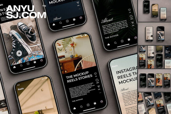 5款iPhone 14 Pro苹果手机平铺INS海报排版UI界面APP设计展示PSD样机套装Instagram Reels Pack Mockup