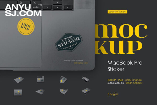 8款极简质感MacBook苹果笔记本电脑贴纸设计展示PSD样机套装MacBook Pro Sticker Mockup Set