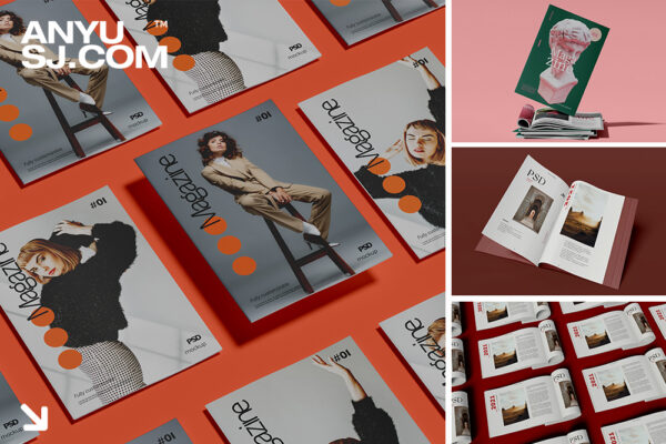 9款书籍杂志画册封面内页设计展示PSD样机套装Magazine Layout Mockup