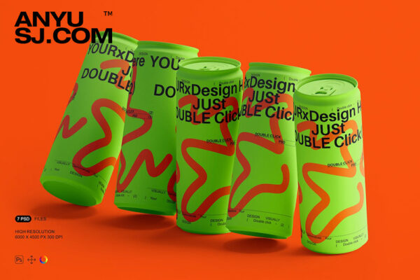 7款极简质感磨砂哑光易拉罐饮料罐可乐罐外观包装设计展示PSD样机套装Matte Can Mockup Set