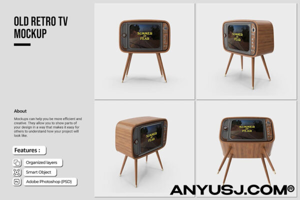 4款复古风旧式老式立式电视机TV屏幕监视器UI海报设计展示PSD样机Old Retro TV Mockup